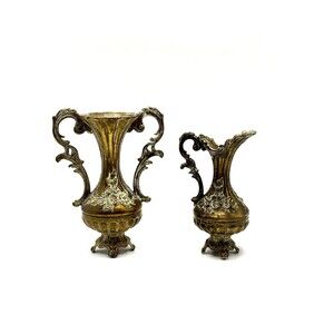 VTG Floral Embossed Brass Pitcher & Vase Footed Handles MADE IN ITALY